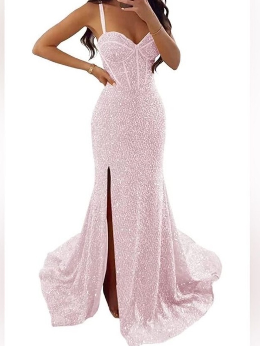 Lavetir corset velvet sequin lace up mermaid leg slit prom formal dress